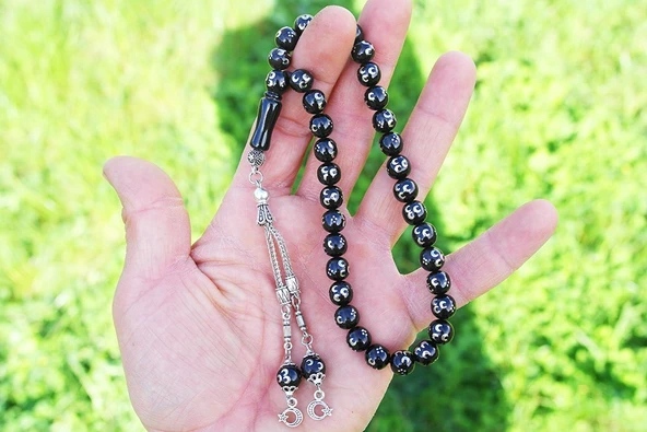 Üçhilal İşlemeli Oltu Sıkması Tespih - Resim 3