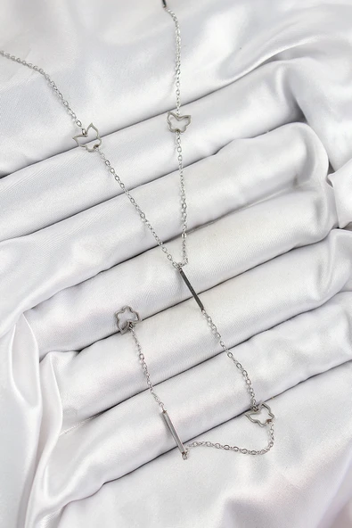 316L Çelik Kelebek Figürlü Y Model Gümüş Renk Kadın Kolye - TJ-BKO10330 ürün görseli