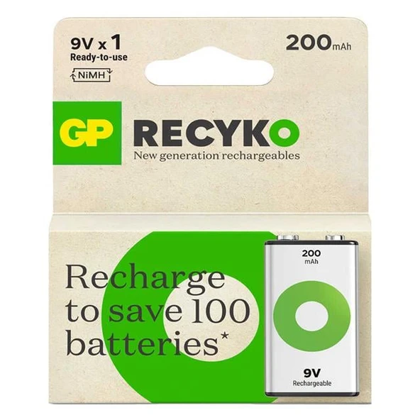 GP Batteries Recyko 200 Mah 9V Boy Ni-Mh Şarjlı Pil Tekli Paket - 2