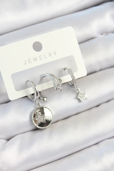 Pirinç Zirkon Taşlı Sallantılı Yıldız Model Gümüş Renk 3'lü Çift Kadın Küpe Set - TJ-BKP10792 ürün görseli