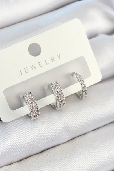 Pirinç Zirkon Taşlı Halka Model Gümüş Renk 3'lü Çift Kadın Küpe Set - TJ-BKP10810 ürün görseli