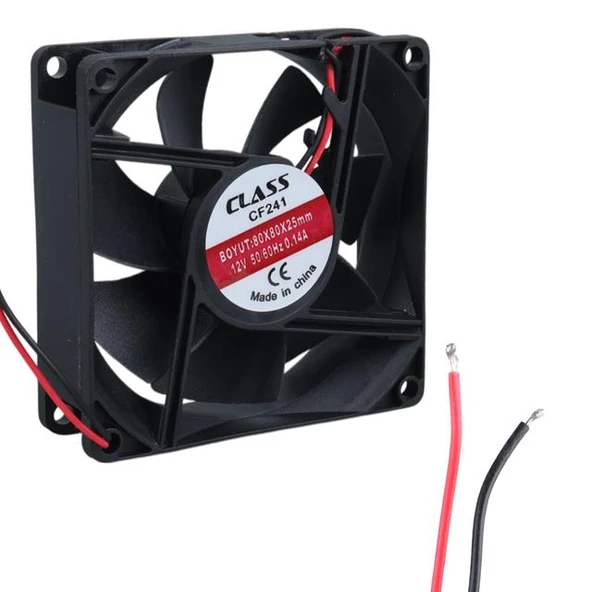 Class CF-241 DC12V 80X80x25mm Aksiyel Fan - 20Cm Siyah-Kırmızı Güç Kablolu - 1