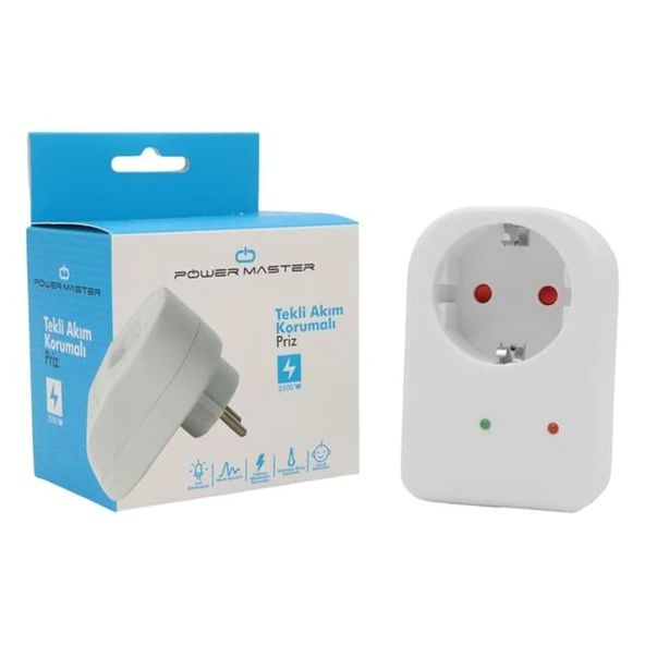 Powermaster PM-18521 Durum Ledli Akım Korumalı Tekli Priz 16 Amper - 3500 Watt Tekli Beyaz - 3