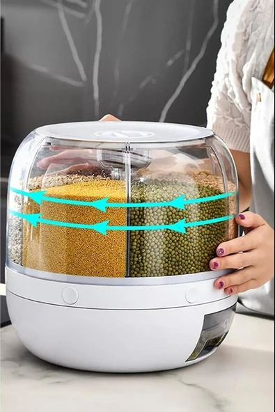 360° Dönebilen Kuru Gıda Ve Bakliyat Organizeri 6 Bölmeli Hava Geçirmez Saklama Kabı 6 lt - Resim 4