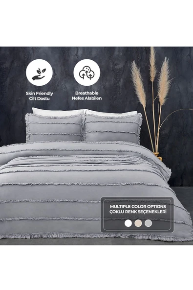 Pamuklu Echos Yatak Örtüsü Takımı Günlük Çift (Taraflı) Kişilik 3 Parça Dolgulu El İşi Beyaz - 7