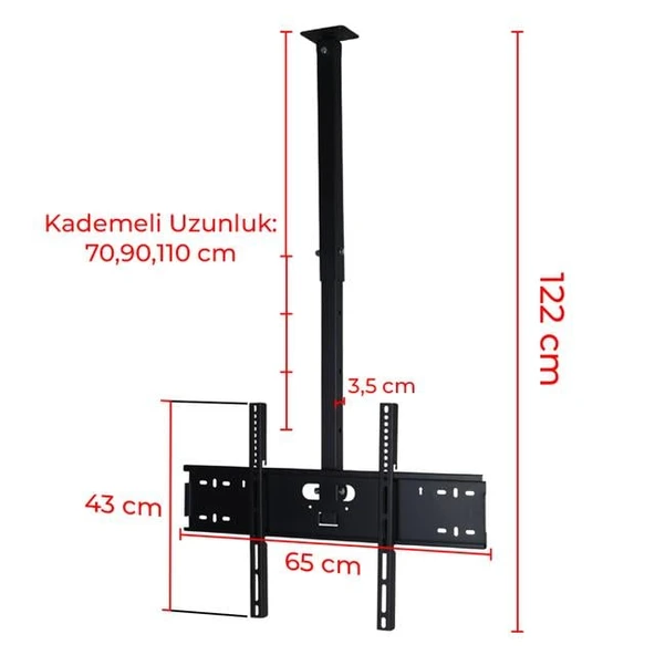 PowerMaster PM-32 Led/Lcd/Plazma 70-90-110 CM Dar Ağız 45 Derece Açılı Tavan TV Askı Aparatı - Resim 3