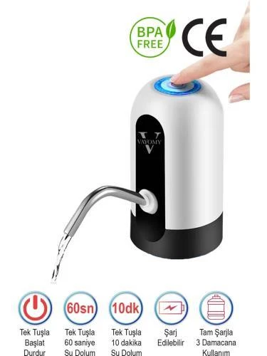 Vayomy Şarjlı Otomatik Damacana Su Pompası 1200 Mah Bataryalı Beyaz