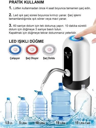 Vayomy Şarjlı Otomatik Damacana Su Pompası 1200 Mah Bataryalı Beyaz - 3