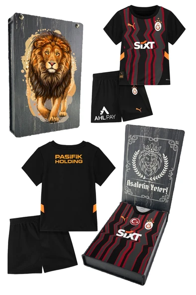 Galatasaray Orijinal Lisanslı 24-25 Siyah 5 Yıldızlı Çocuk Forma Set Hediyelik Ahşap Kutulu