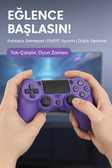 Yeni Nesil PS4 Kolu  Kablosuz, Şarj Edilebilir, Ergonomik + Titremeli + Dayanıklı Oyun Dostu MOR - 5