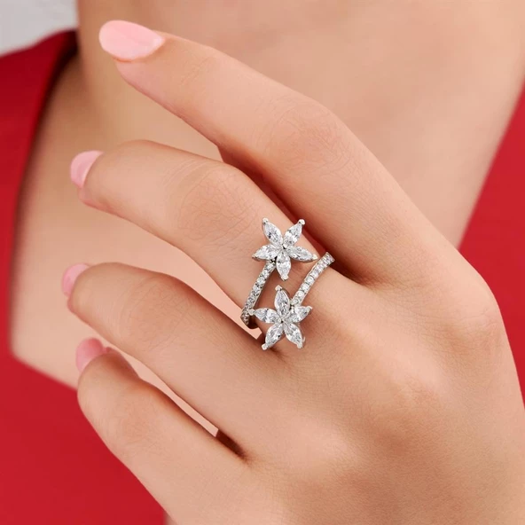 Gümüş Zirkon Taşlı Çiçek Motifli Bayan Yüzük - 6