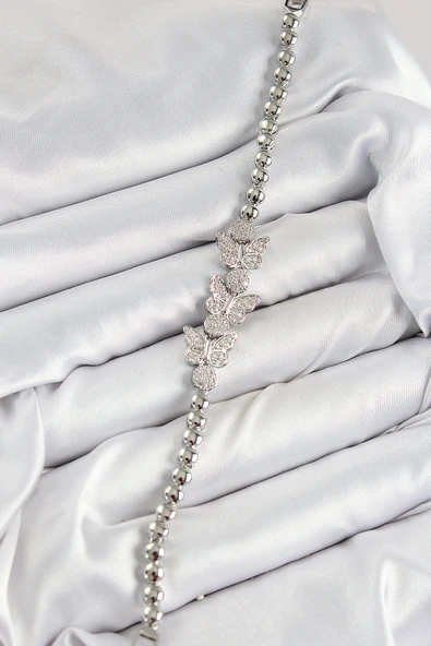 Pirinç Zirkon Taşlı Kelebek Model Gümüş Renk Kadın Bileklik - TJ-BB7542 - Resim 2