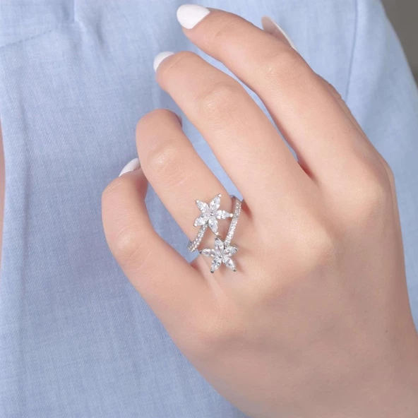 Gümüş Zirkon Taşlı Çiçek Motifli Bayan Yüzük - 5