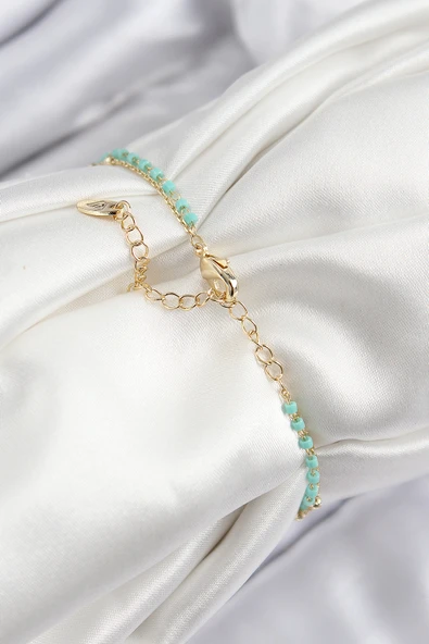 Pirinç Zirkon Taşlı Mavi Boncuklu Model Gold Renk Kadın Bileklik - TJ-BB7599 - Resim 2