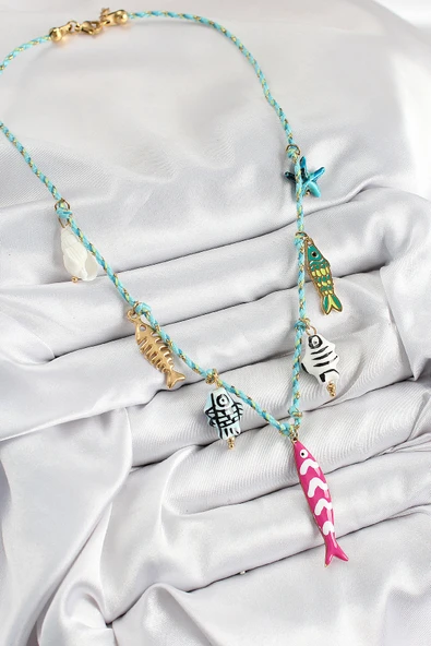 Seramik Motifli Pembe Balık Figürlü Model Mavi İp Kadın Kolye - TJ-BKO10397 - Resim 2