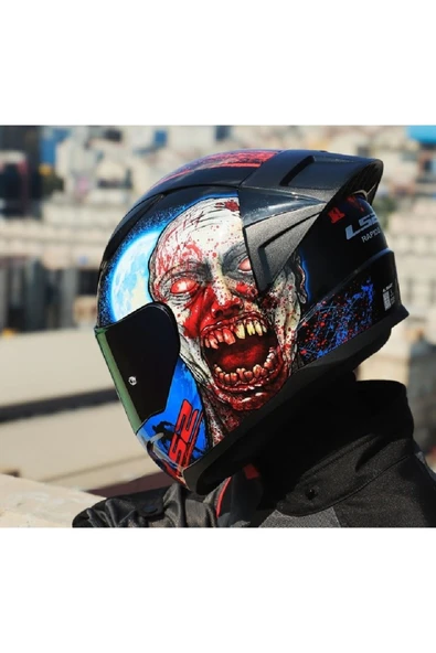 LS2 Rapıd 2 Race Zombıe Kapalı Motosiklet Kaskı Gökkuşağı Camlı - Resim 5