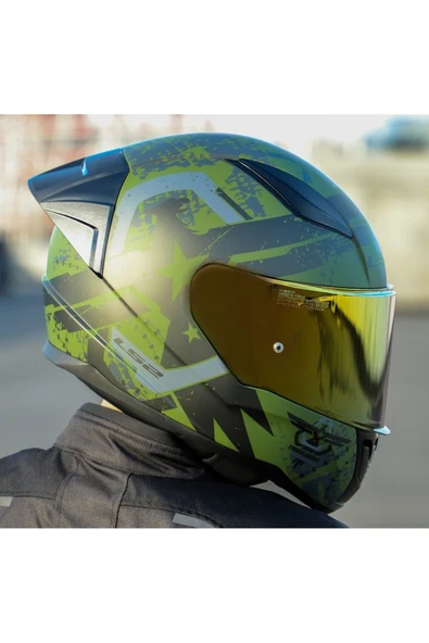 LS2 RAPID II RACE THUNDER BIRDS MAT YEŞİL MOTOSİKLET KASKI GOLD CAMLI - Resim 4