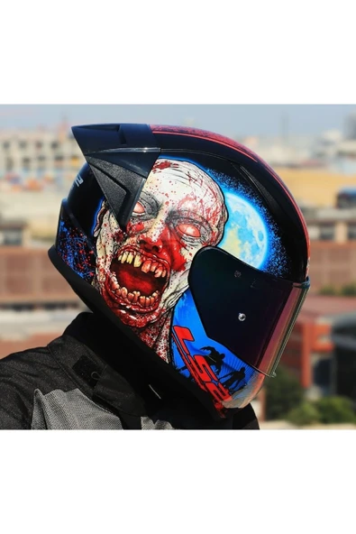 LS2 Rapıd 2 Race Zombıe Kapalı Motosiklet Kaskı Gökkuşağı Camlı - Resim 4