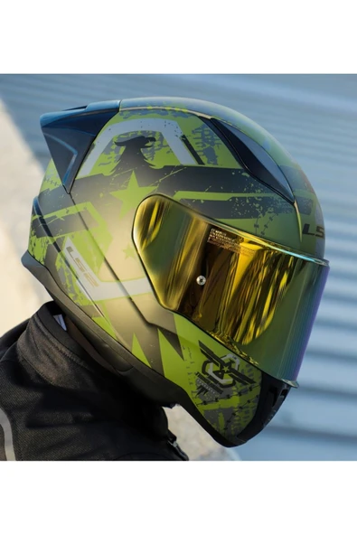 LS2 RAPID II RACE THUNDER BIRDS MAT YEŞİL MOTOSİKLET KASKI GOLD CAMLI - Resim 3