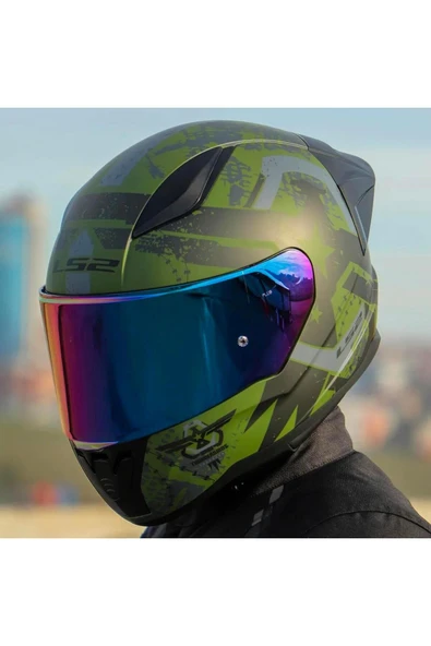 LS2 Rapid 2 Thunder Birds Race Full Face Motosiklet Kaskı Yarış Spoiler Şeffaf Gökkuşağı Vizörl - Resim 2