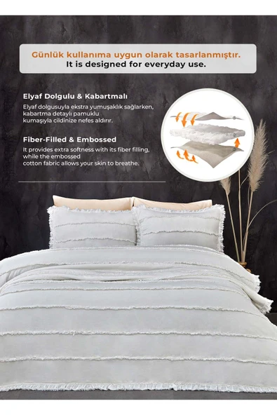 Pamuklu Echos Yatak Örtüsü Takımı Günlük Tek Kişilik 2 Parça Dolgulu El İşi Beyaz - 3