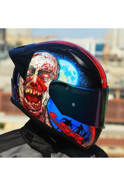 LS2 Rapıd 2 Race Zombıe Kapalı Motosiklet Kaskı Gökkuşağı Camlı - Resim 3