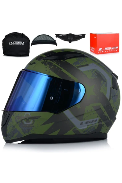 LS2 RAPID II THUNDER BIRDS MAT YEŞİL MOTOSİKLET KASKI MAVİ CAMLI ürün görseli