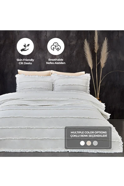 Pamuklu Echos Yatak Örtüsü Takımı Günlük Tek Kişilik 2 Parça Dolgulu El İşi Beyaz - 7