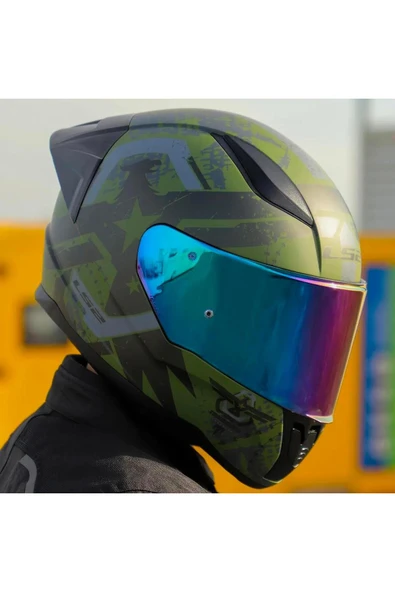 LS2 Rapid 2 Thunder Birds Race Full Face Motosiklet Kaskı Yarış Spoiler Şeffaf Gökkuşağı Vizörl - Resim 3