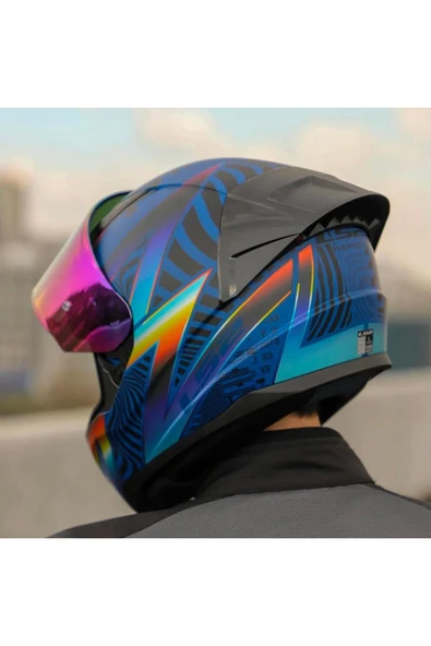 LS2 Rapid 2 Optik Race Full Face Motosiklet Kaskı Yarış Spoiler Şeffaf Gökkuşağı Vizörlü - Resim 4