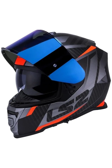 LS2 Storm 2 Racer Turuncu Kapalı Motosiklet Kaskı Mavi Camlı - Resim 2