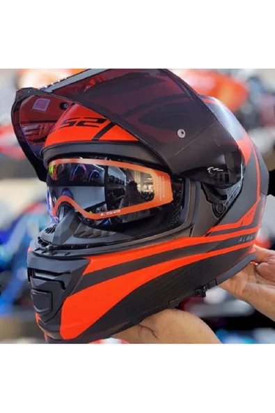 LS2 Storm 2 Dodger Neon Turuncu Kapalı Motosiklet Kaskı Siyah Camlı - Resim 2