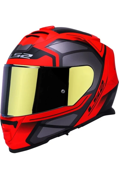LS2 Storm 2 Faster Mat Kırmızı Kapalı Motosiklet Kaskı Gold Camlı - Resim 2