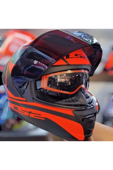 LS2 Storm 2 Dodger Neon Turuncu Kapalı Motosiklet Kaskı Siyah Camlı - Resim 3