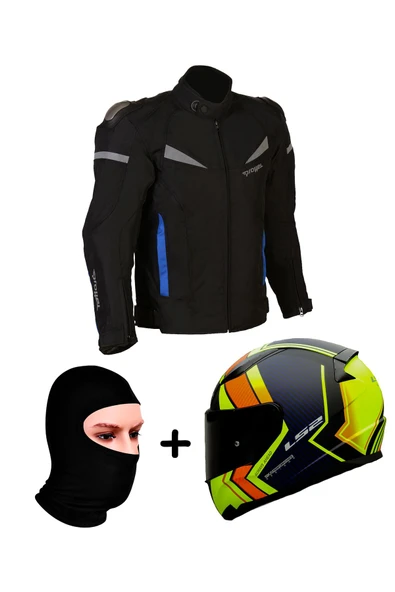 LS2 PROHEL COLOMBIA MONT SİYAH-MAVİ+RAPID 2 EXTRA MAT NEON SARI-NAVY MAVİ KASK+Prohel Balaklava ürün görseli