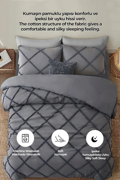 Pamuklu Emmy Yatak Örtüsü Seti Tek Kişilik Günlük Boho Çift Taraflı 2 Parça Dolgulu Tufting - 3