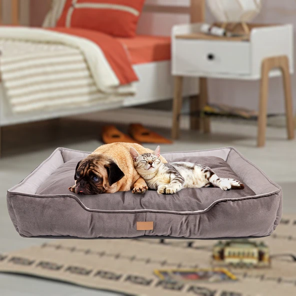 Büyük Boy Kedi Köpek Yatağı 105x80cm - Minderli - Kahverengi