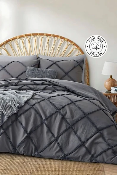 Pamuklu Emmy Yatak Örtüsü Seti Tek Kişilik Günlük Boho Çift Taraflı 2 Parça Dolgulu Tufting