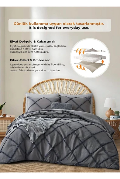 Pamuklu Emmy Yatak Örtüsü Seti Tek Kişilik Günlük Boho Çift Taraflı 2 Parça Dolgulu Tufting - 2