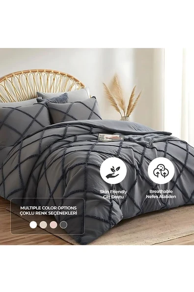 Pamuklu Emmy Yatak Örtüsü Seti Tek Kişilik Günlük Boho Çift Taraflı 2 Parça Dolgulu Tufting - 6