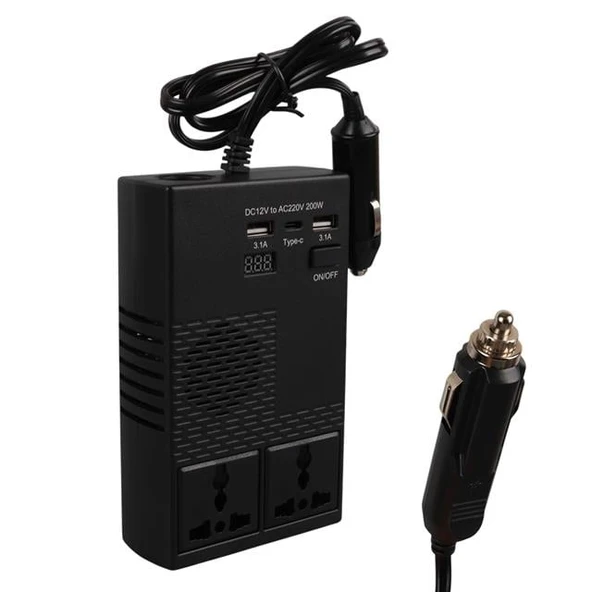 Olesson 1664 DC 12-24V 200W Oto Araç Power İnverter 1x Çakmak Girişi - 1x TYPE-C - 2x USB - 2x 220V Üniversal Priz - 1