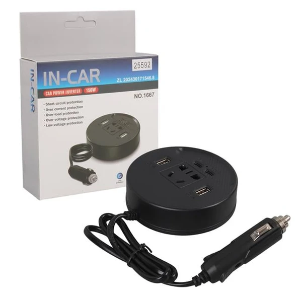Olesson 1667 DC 12-24V 150W Oto Araç Power İnverter Çift TYPE-C - Çift USB - 220V Üniversal Priz Girişli - 4