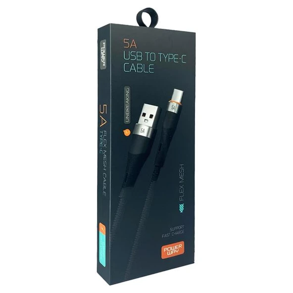 Powerway HC05 Örgülü 5 Amper USB TO Type- C 1 Metre Şarj Data Kablosu - Resim 2