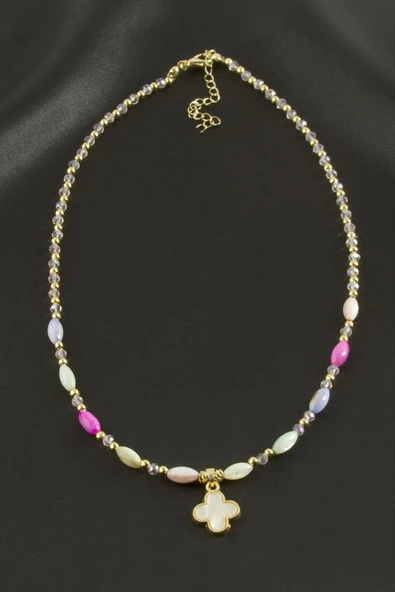 Çiçek Sedef Cam Boncuk Kristal Kolye ürün görseli