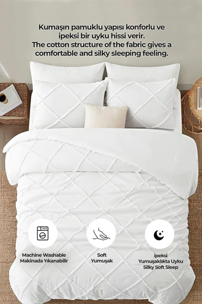 Pamuklu Emmy Yatak Örtüsü Seti Tek Kişilik Günlük Boho Çift Taraflı 2 Parça Dolgulu Tufting - 3