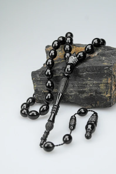 Oltu Taşı Özel Seri İmame Fıçı  Oyma  İşçilikli Tespih - Resim 2