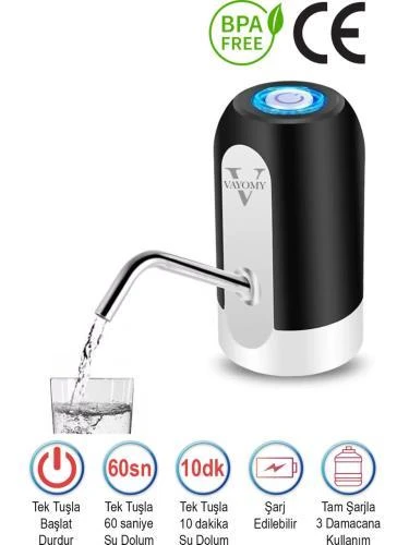 Vayomy Şarjlı Otomatik Damacana Su Pompası 1200 Mah Bataryalı Siyah