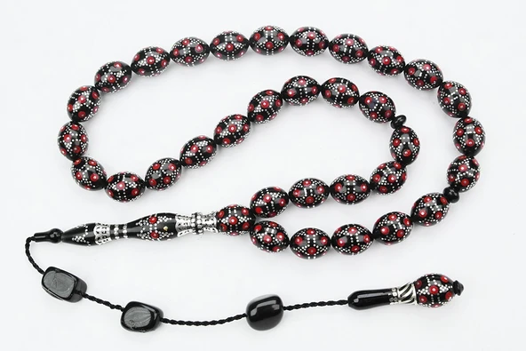 Kırmızı Mine Piramit Yol İşlemeli Oltu Sıkması Tespih ürün görseli