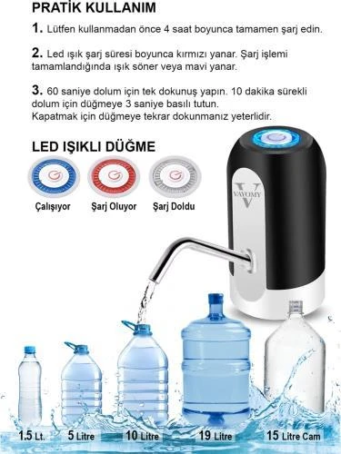 Vayomy Şarjlı Otomatik Damacana Su Pompası 1200 Mah Bataryalı Siyah - 3