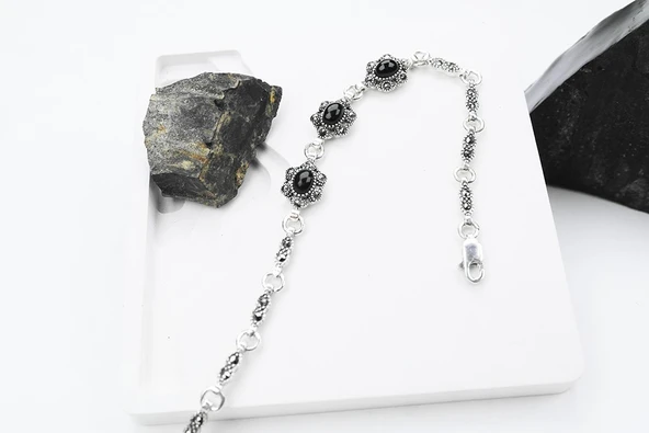 Siyah İnci 925 Ayar Oltu Taşlı Gümüş Bileklik ürün görseli